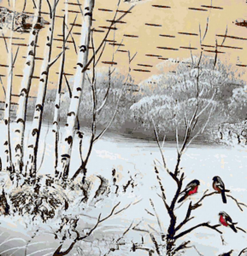 Зимняя картина - природа, снег, зима, зимняя картина, птички, снегири, пейзаж - предпросмотр