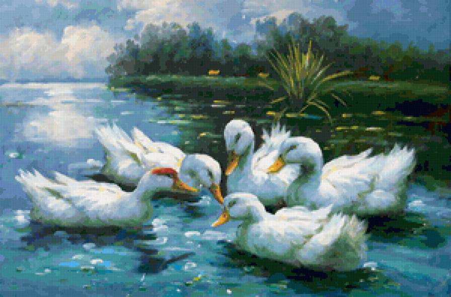 Серия "Птицы. Гуси" - пейзаж, озеро, река, гуси, лето, птицы - предпросмотр