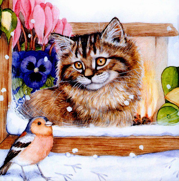 за окном - кот, птица, окно - оригинал