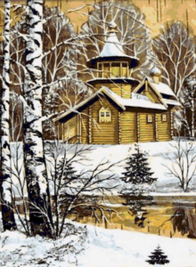 Церковь у реки - природа, пейзаж, зима, церковь, красота, лес, березки - предпросмотр