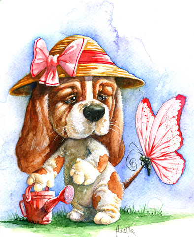 Пёсик и бабочка - лето, животные, детям, собачка, собаки, бабочка, цветы, собака - оригинал