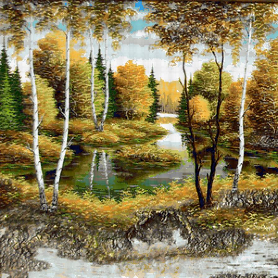 Осень в лесу - пейзаж, искусство, березки, осень, красота, природа, озеро - предпросмотр