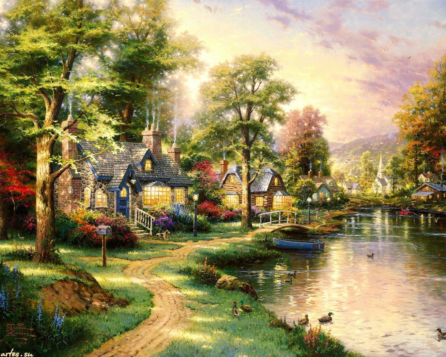 Пейзаж - живопись, река, дом, пейзаж - оригинал
