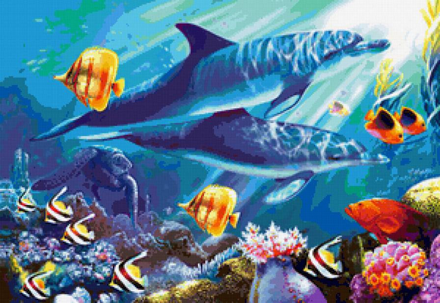 Подводный мир - рыбы, море, водная тематика, подводный мир, дельфины, вода - предпросмотр