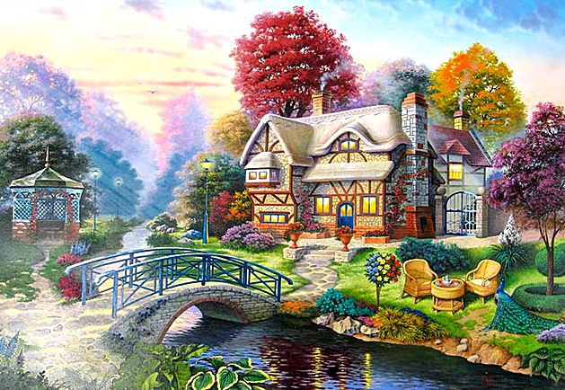 Красивый домик у речки - речка, пейзаж, мост, домик - оригинал