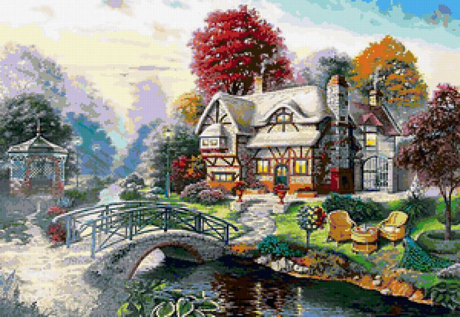 Красивый домик у речки - мост, пейзаж, домик, речка - предпросмотр