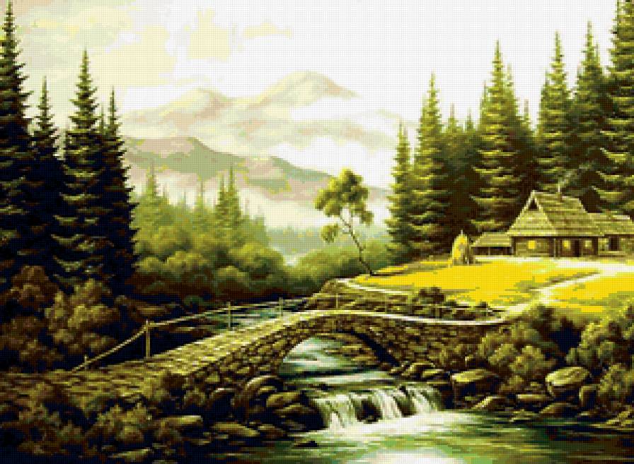 Горный пейзаж - река, мост, домик, горы, пейзаж - предпросмотр