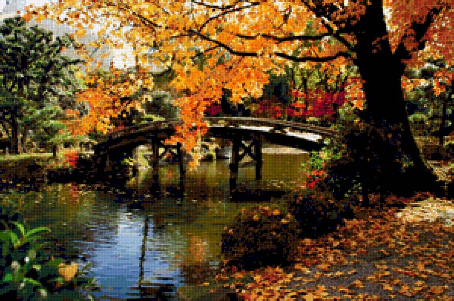 Осенний пейзаж - вода, листья, осень, мост, природа, пейзаж - предпросмотр