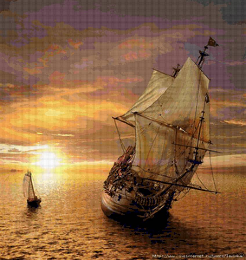 Корабль на закате - вечер, небо, закат, лодка, море, корабль - предпросмотр