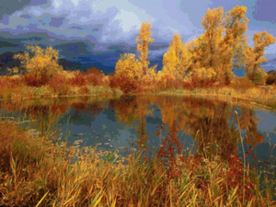 Осенний пейзаж - пруд, пейзаж, осень, природа, пасмурно - предпросмотр