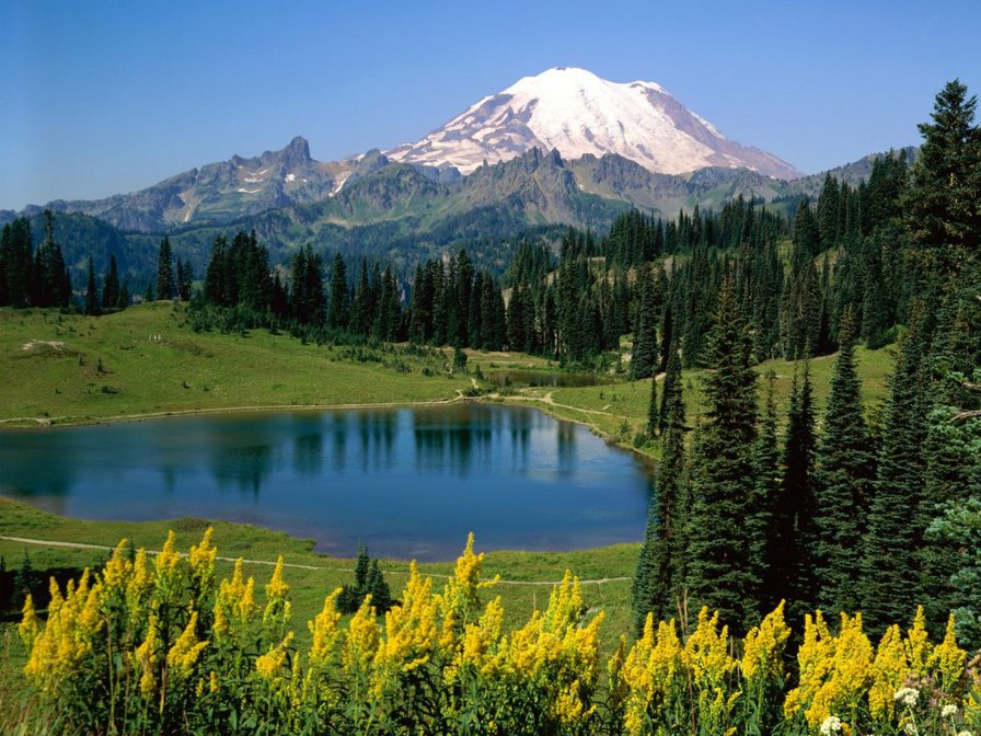Горный пейзаж - горный пейзаж, пейзаж, пруд, горы, природа, цветы, трава - оригинал