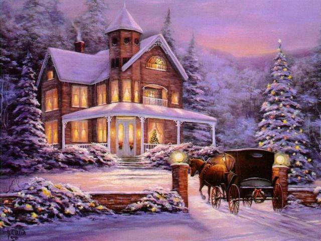 Зимняя ночь - вечер, карета, новый год, рождество, зима, домик, закат, пейзаж - оригинал