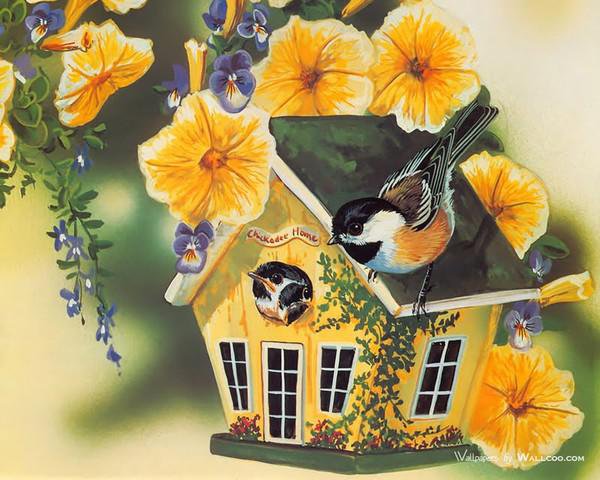 Птичий домик - птицы, цветы, домик - оригинал