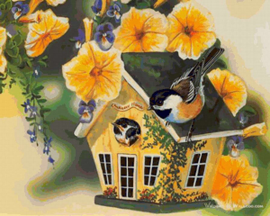 Птичий домик - цветы, домик, птицы - предпросмотр