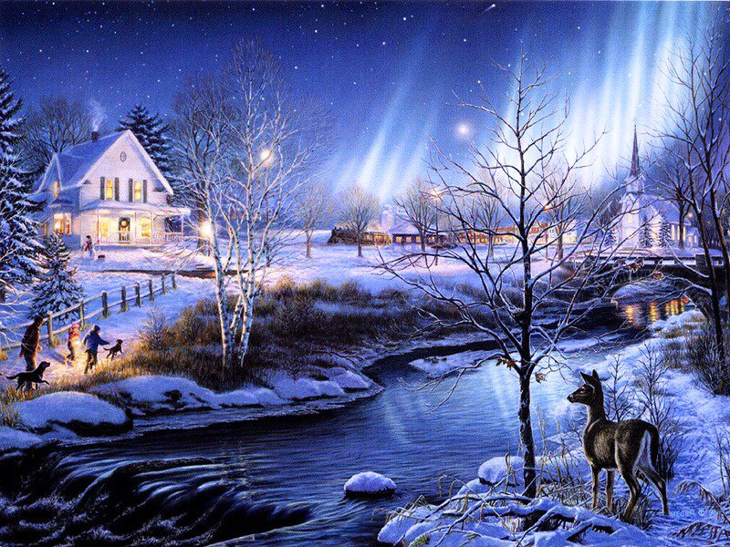 Рождество - зима, пейзаж, домики, сказка, дети, природа, рождество, олени - оригинал