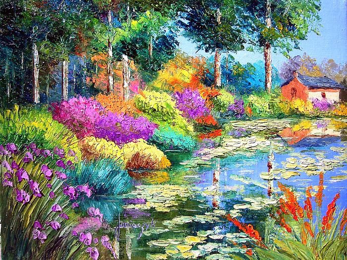 У пруда - сад, озеро, живопись, мир красок, природа, пруд, цветы - оригинал