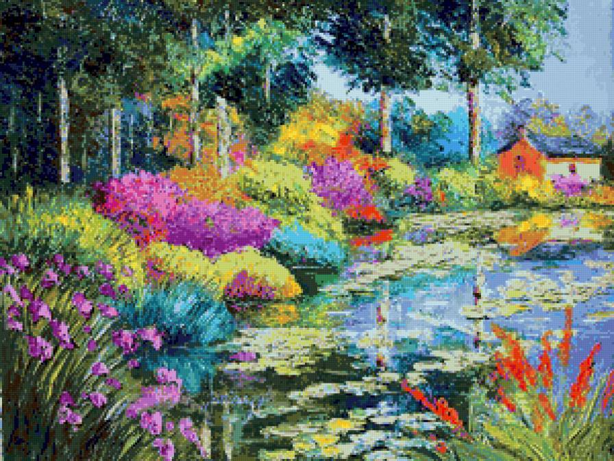 У пруда - природа, цветы, озеро, мир красок, живопись, сад, пруд - предпросмотр