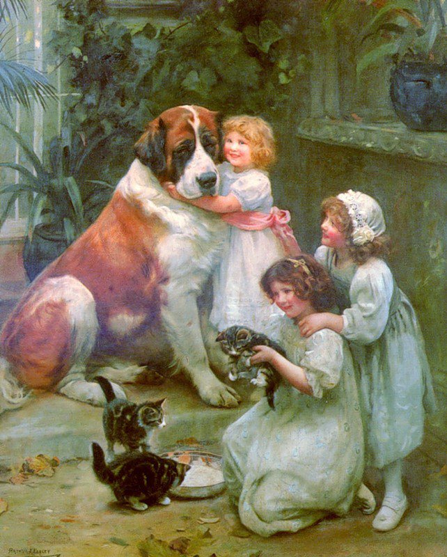 детство - собаки, дети, животные, живопись - оригинал