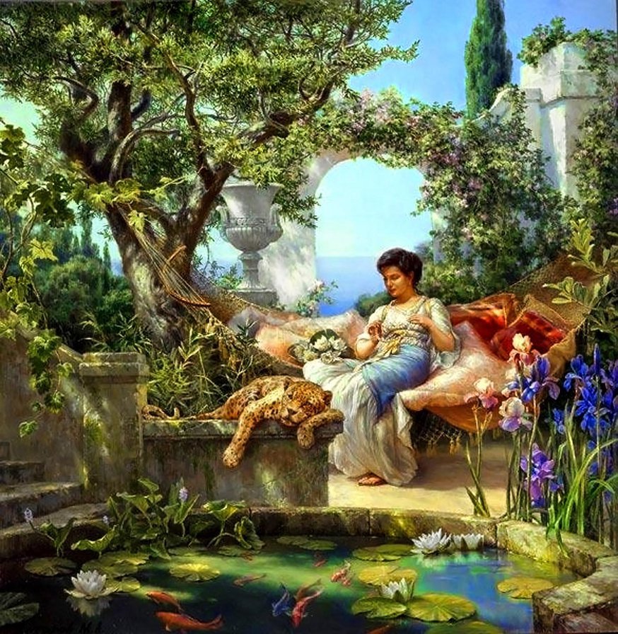 отдых в саду - женщина, цветы, гепард - оригинал