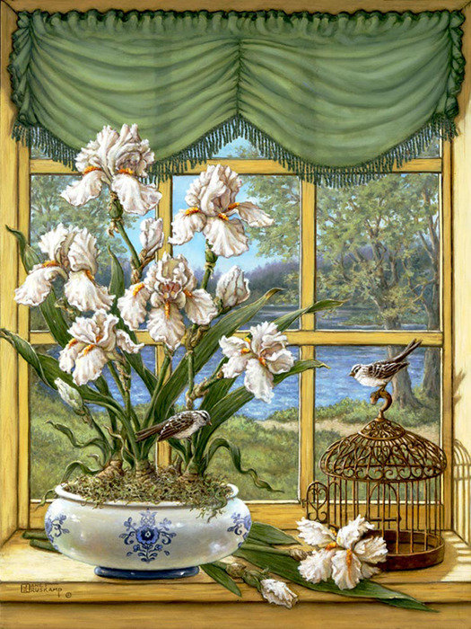 живопись - ваза, птица, клетка, окно, цветы - оригинал