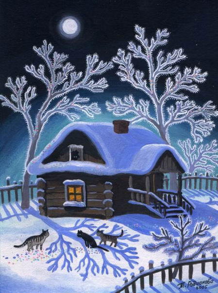 Ночные гости - кошки, домики, домик, снег, коты, зимняя картина, кошка, зима - оригинал