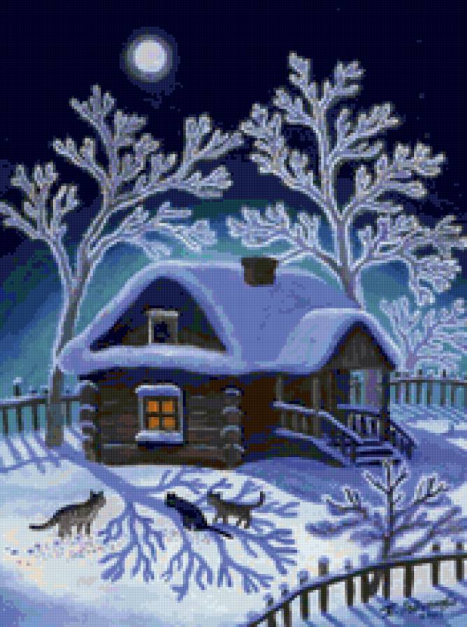 Ночные гости - снег, кошки, коты, кошка, зимняя картина, домики, зима, домик - предпросмотр