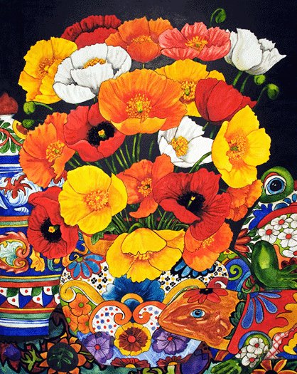 Мексиканские мотивы - маки, цветы, натюрморт, роспись, мак, ящерица, букет, мир красок - оригинал