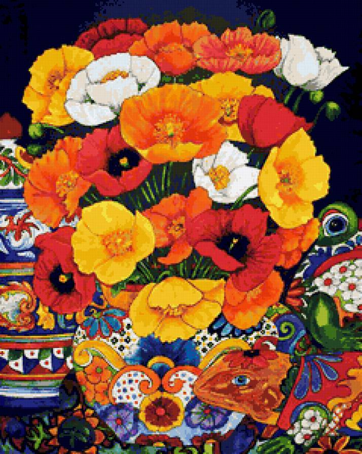 Мексиканские мотивы - натюрморт, маки, мак, букет, мир красок, роспись, цветы, ящерица - предпросмотр