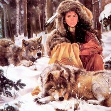 Оригинал схемы вышивки «девушка и волки» (№89700)