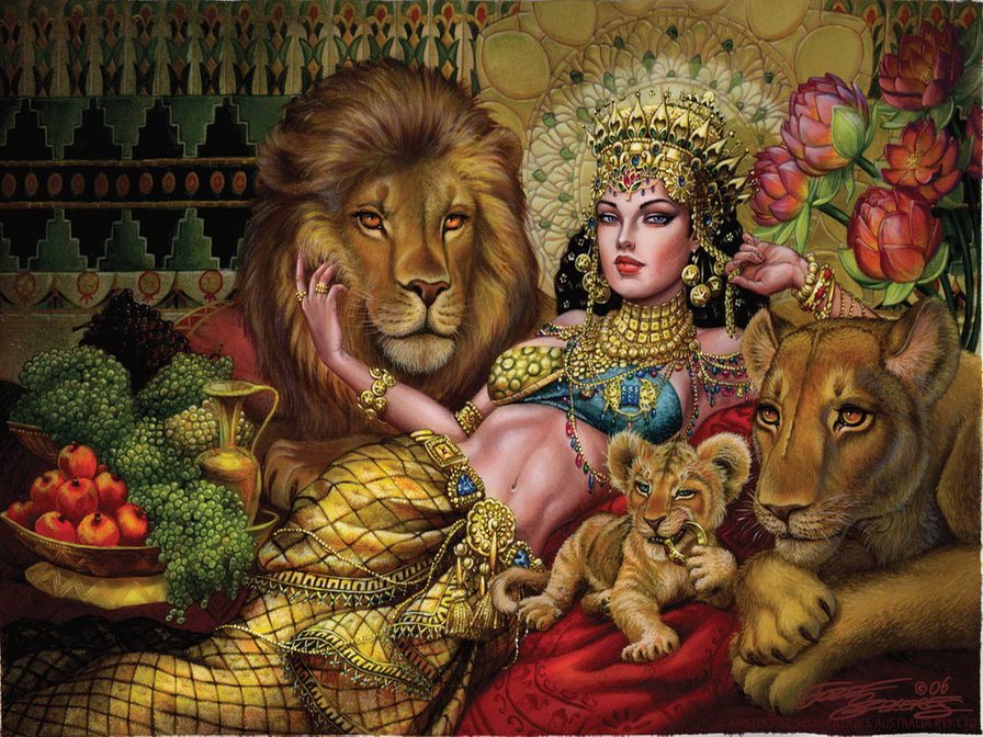 девушка и львы - лев, хищники, животные, девушки, женщина, принцесса, образ - оригинал