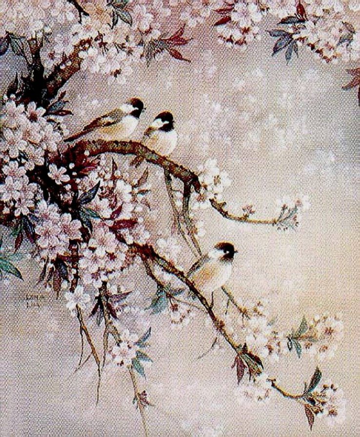 птицы на цветущем дереве - цветы, весна, птицы - оригинал