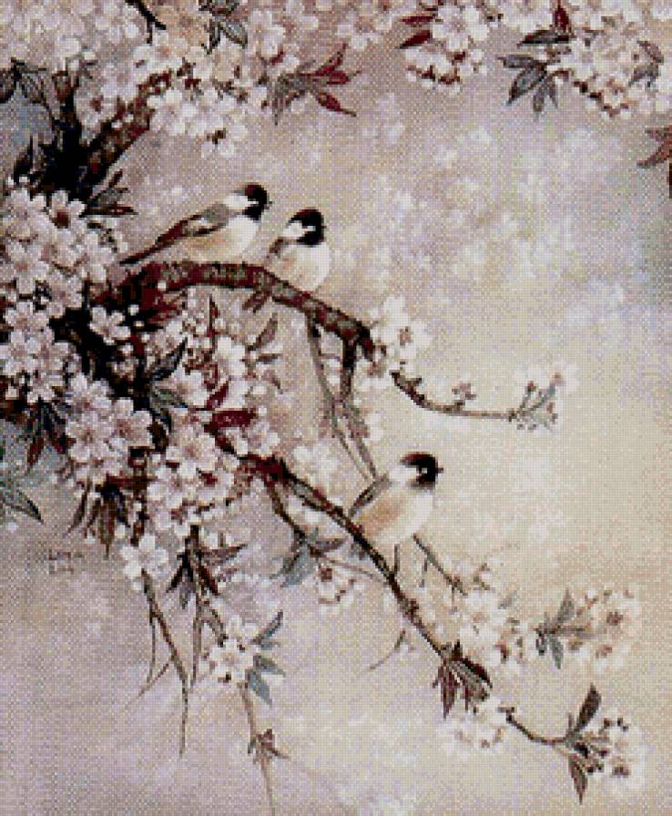 птицы на цветущем дереве - весна, цветы, птицы - предпросмотр