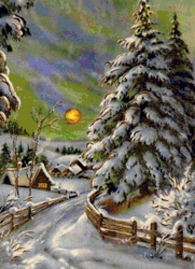 Зимний вечер - деревня, вечер, зимний пейзаж, закат, елка, снег, зима - предпросмотр