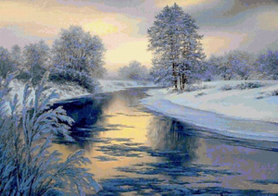 Зимний пейзаж - природа, зима, снег, пейзаж, зимний пейзаж, вечер, речка, закат - предпросмотр