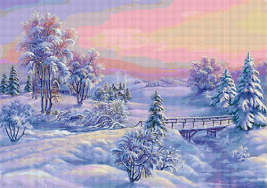 Зимний пейзаж - зимний пейзаж, закат, зима, вечер, мост, снег, природа - предпросмотр