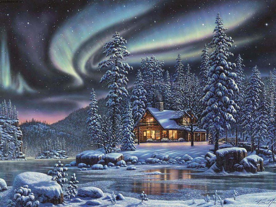 Полярная ночь - снег, звезды, полярная ночь, домик, зима, река, лес, горы, ночь - оригинал