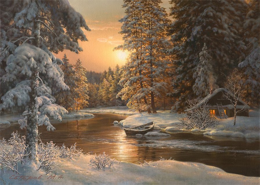 Зимний пейзаж - домик, лес, закат, вечер, зимний пейзаж, лодка, река, зима, снег - оригинал