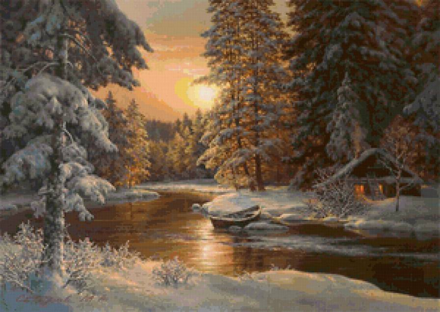 Зимний пейзаж - вечер, зимний пейзаж, река, снег, закат, лодка, лес, домик, зима - предпросмотр