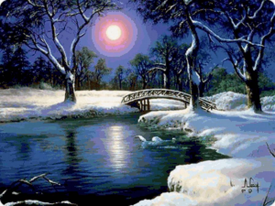Зимняя ночь - вечер, река, лес, ночь, снег, луна, зимний пейзаж, зима, мост - предпросмотр