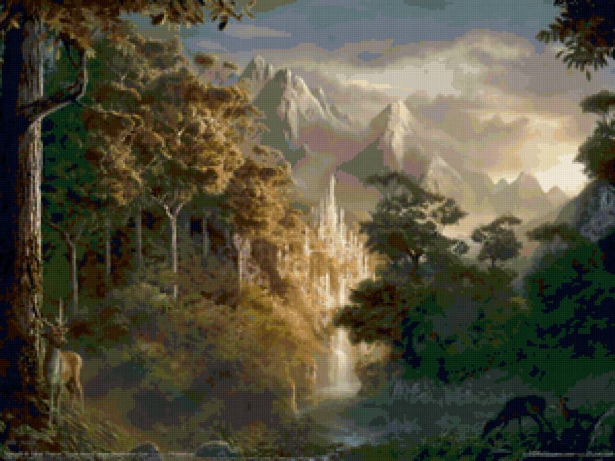 Горный пейзаж с оленями - горы, природа, лес, картина, пейзаж - предпросмотр