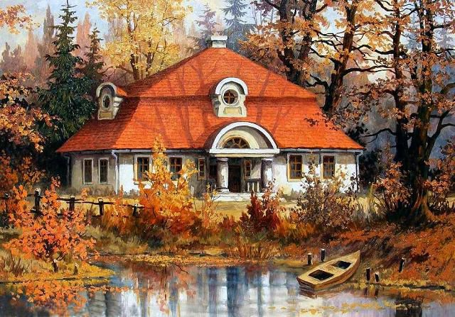 дом у реки - домик, река, осень - оригинал