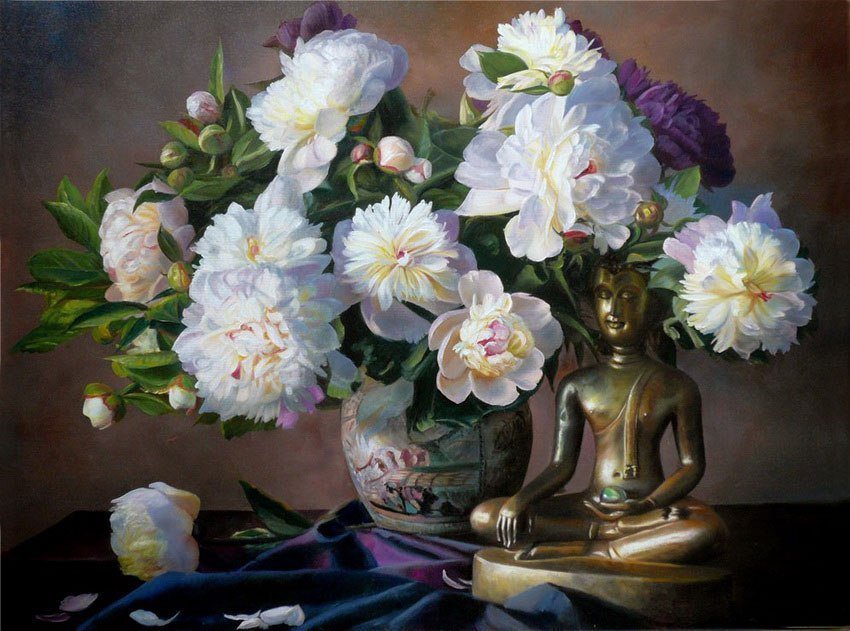 №92276 - пионы, живопись. будда, цветы, букет - оригинал
