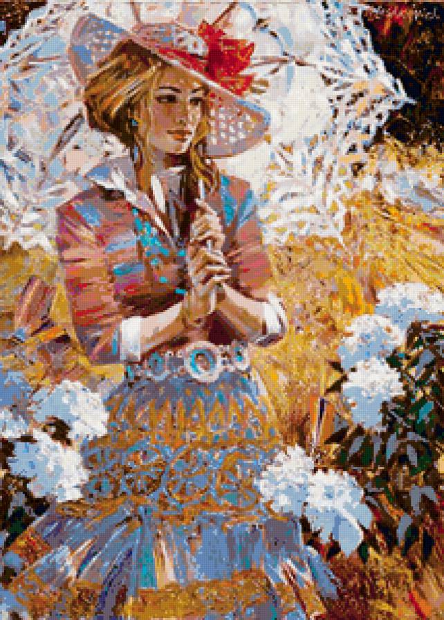 Девушка с зонтиком - портрет, женщина, солнце, девушка, картина, зонт - предпросмотр