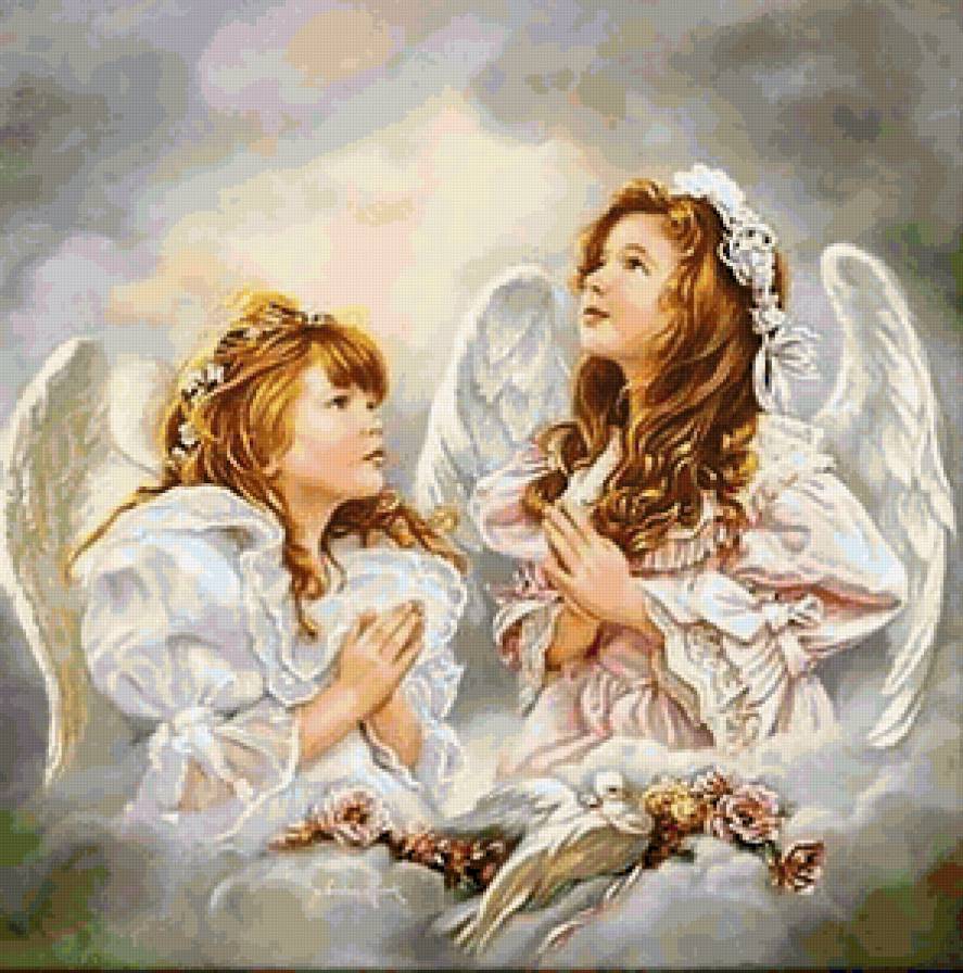 Ангелочки - молитва, девочки, облака, ангелочки, ангелы, божественное, небо - предпросмотр