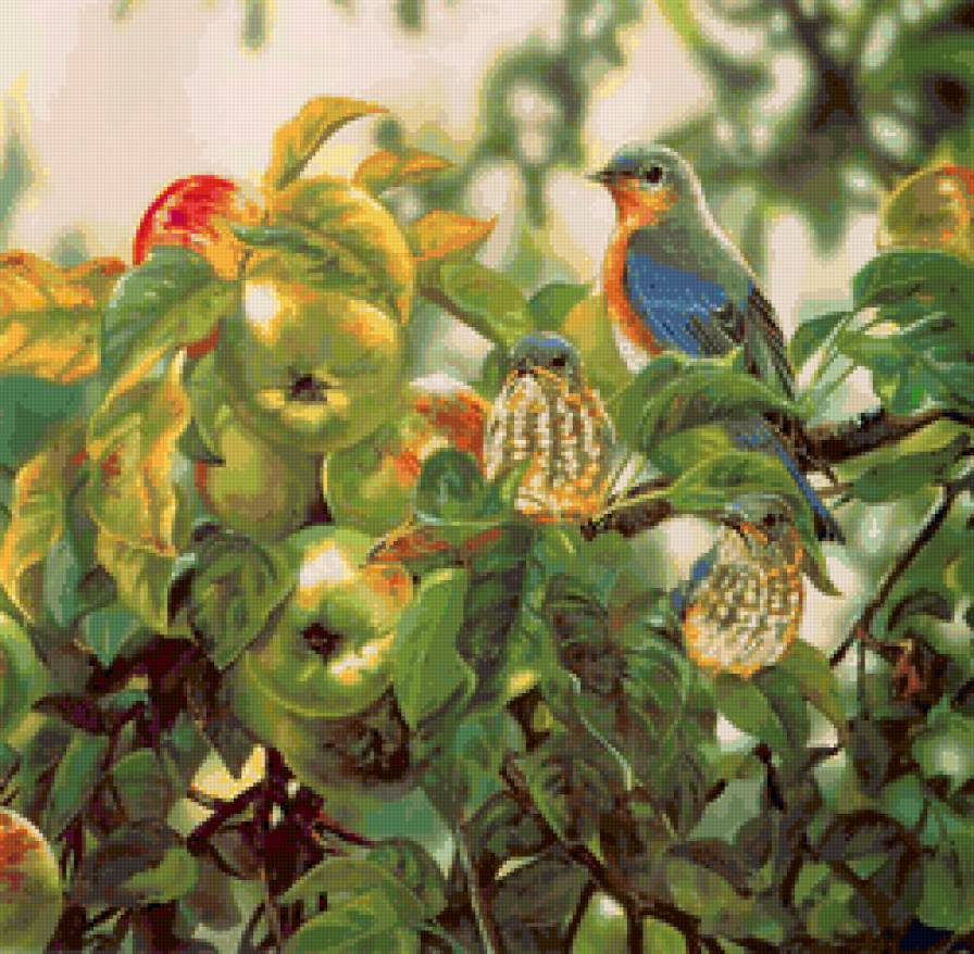 В саду - птицы, живопись, фрукты, пейзаж - предпросмотр