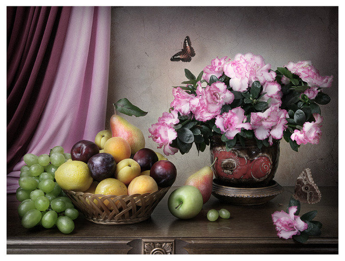 натюрморт - натюрморт, фрукты, цветы - оригинал