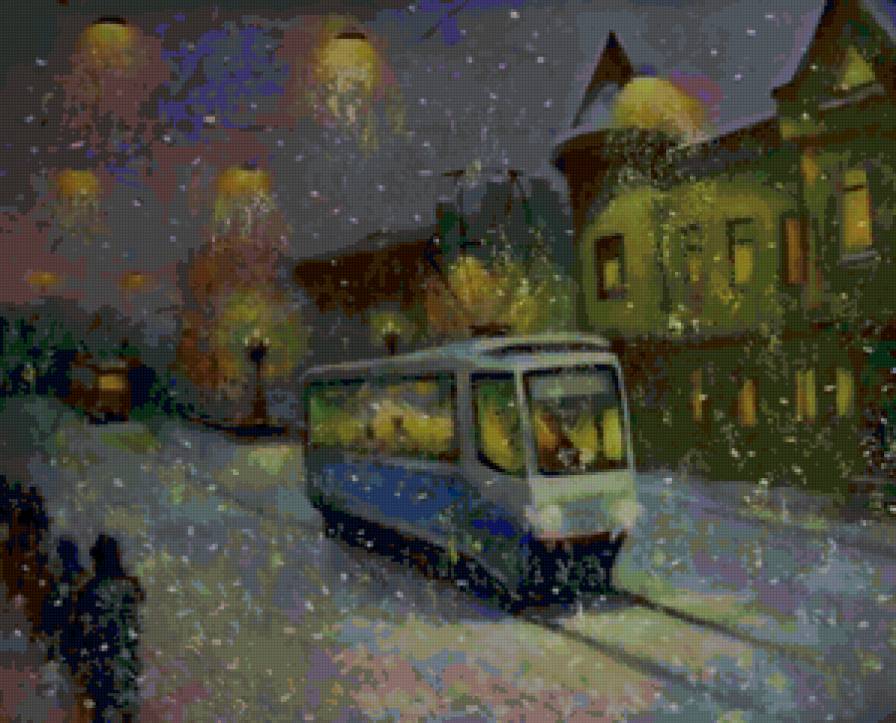 Серия "Городской пейзаж" - домик, город, пейзаж, зима, люди, трамвай - предпросмотр