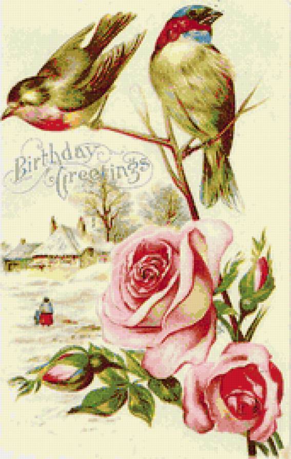 птицы и розы - птицы, цветы, винтаж - предпросмотр