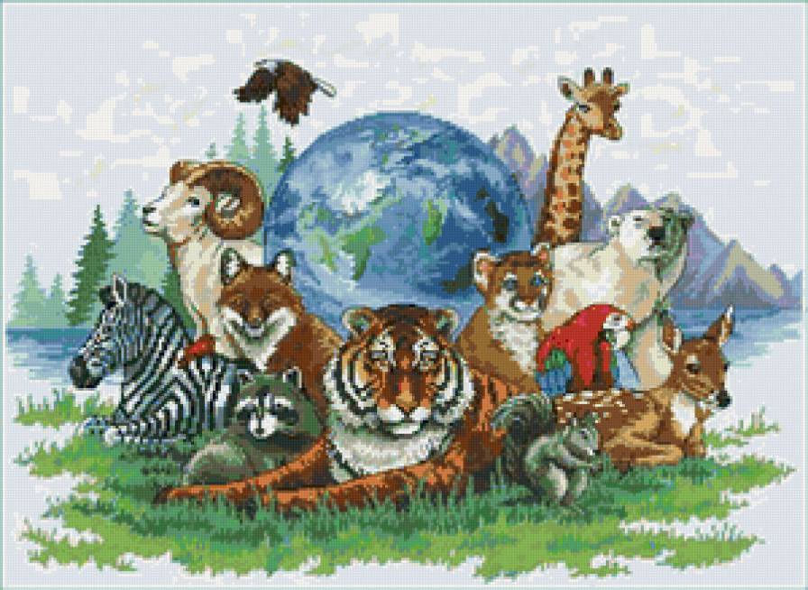 картина - земля, жираф, птицы, медведь, тигр, животные, зебра, природа - предпросмотр