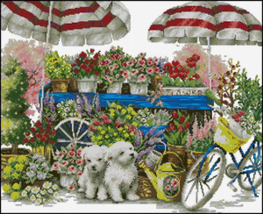 песики - собаки, животные, щенки, собачки, цветы, картина - предпросмотр